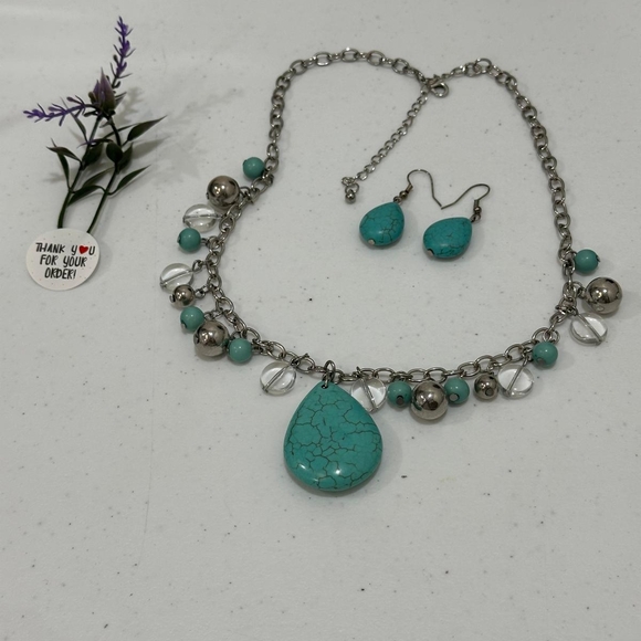 Turquoise and Silver Necklace and Earring Set - Picture 1 of 5